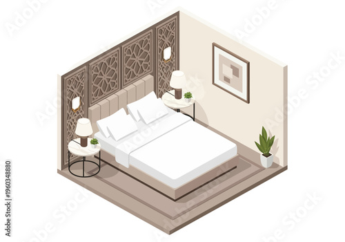 Cozy Bedroom Scene in Isometric View with Double Bed, Nightstands, and Decorative Wall Panel