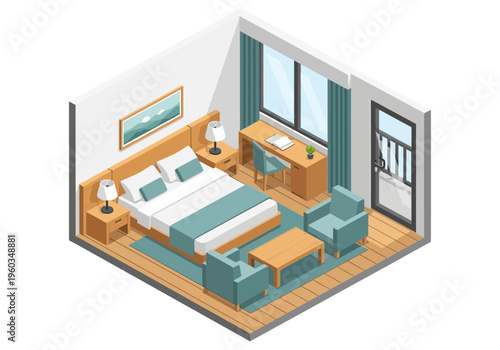 Cozy Isometric Hotel Room with Bed, Desk, and Balcony
