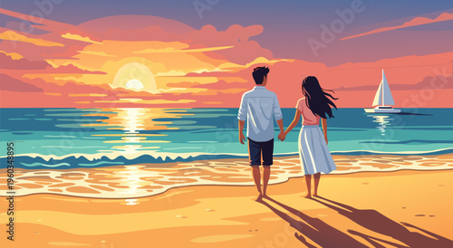 Romantic Couple Holding Hands on a Beach at Sunset A Vector Illustration Capturing Love and Serenity