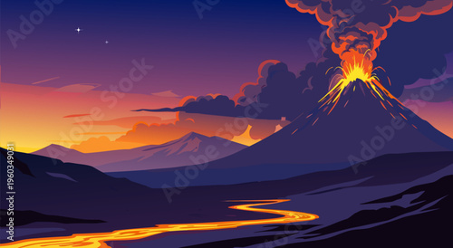 Volcanic Eruption Landscape Vector Illustration at Sunset with Lava Flowing Through a Valley