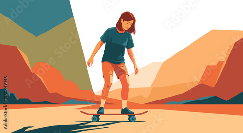 Vector illustration of a person skateboarding on a path with stylized mountains in the background, dynamic motion