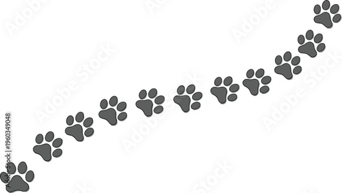 Trail of gray animal paw prints and dog track vector illustrations following a curved path for pet care branding veterinary services and animal nature designs