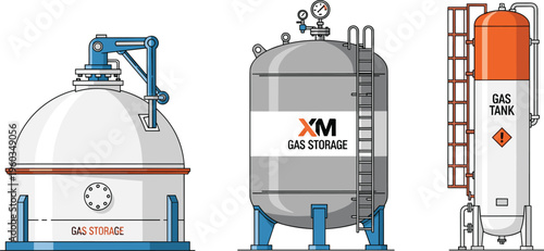Industrial gas storage tanks set with pressure vessels, safety equipment and pipelines isolated on white background, detailed engineering illustration for energy and chemical industry use