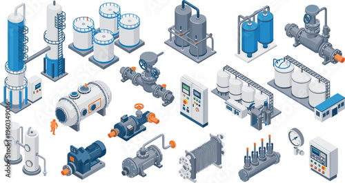 Industrial equipment isometric set including storage tanks, pumps, valves, pipelines and control panels, detailed engineering illustration for manufacturing, chemical processing and energys