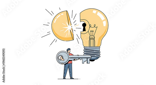 A person unlocking a bright idea represented by a glowing lightbulb split in half with a key.