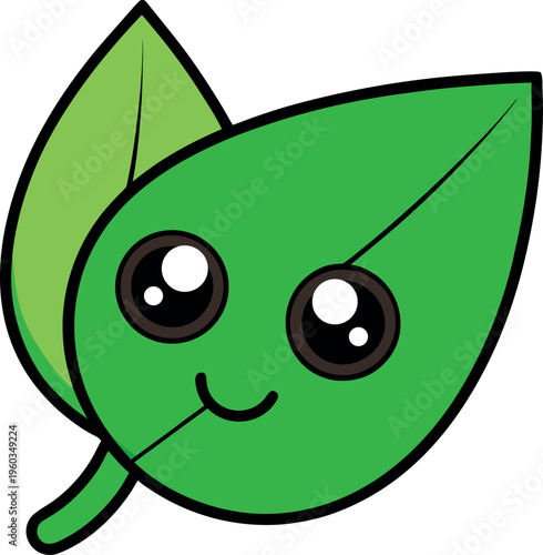 Cartoonish Smiling Green Leaf Character with Big Eyes and Black Outline on white background