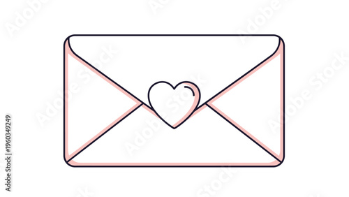 Simple illustration of a closed white envelope with a pink border and a small pink heart seal in the center for romantic love letters.