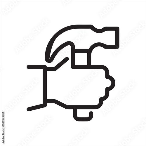 Thin Outline Icon Human Hand Holding a Hammer, Malleus. Claw Hammer in Arm. Such Line Sign as Master's Services, Repair Work, Shockproof. Vector Pictograms for Web on White Background Editable Stroke.