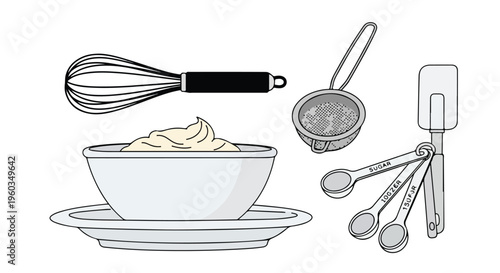 Line drawing of kitchen utensils and a bowl of batter on a plate against a white background.