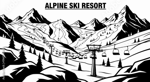 Alpine Ski Resort Vector Illustration Showing Ski Slopes, Ski Lifts and Snow Covered Mountains in Black and White