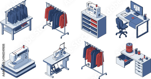 Isometric clothing workshop set with sewing machines, garment racks and workspace, fashion production studio illustration for tailoring, apparel manufacturing, textile industr