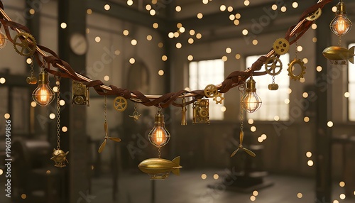 Steampunk Style Garland With Edison Light Bulbs And Gears Against Blurred Background