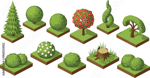 Isometric garden elements including trees, bushes, shrubs, flowering plants, topiary, and grass, perfect for landscape design, gardening projects, game assets, and outdoor decoration illustrations