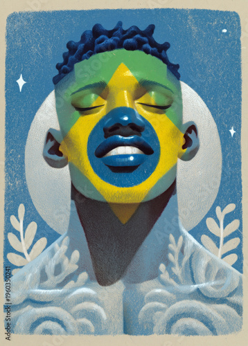 Brazilian identity and spiritual pride. Serene portrait of a man with flag face paint. Grainy editorial illustration for cultural heritage.