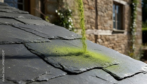 Green Powder Cascading Onto Dark Slate Roof Tiles Under Natural Light