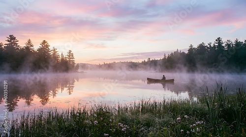 Man Paddling Canoe On Misty Lake At Sunrise With Colorful Pastel Sky And Forest Reflections