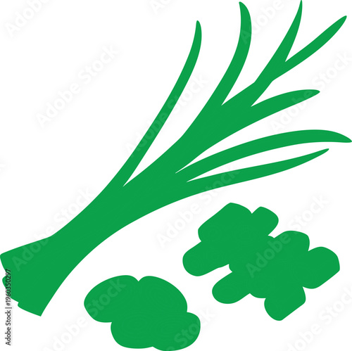 Green Onion and Mushroom Vector Graphic with Fresh Herbs and Fungi Elements on white background