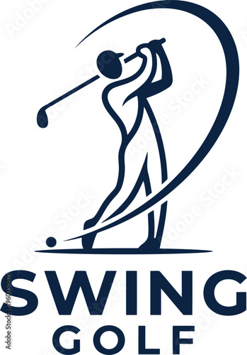 Swing golf logo with player silhouette and dynamic finish arc