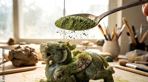 Green Powder Falling On Mythical Jade Sculpture In An Artistic Studio