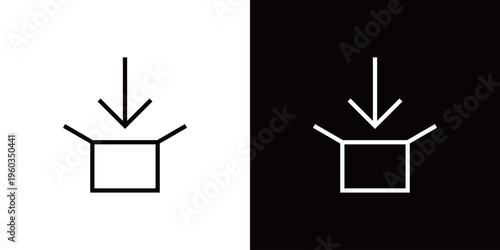 箱の中に荷物を入れるコンセプトのラインアイコン。白い線と黒い線のモノクロベクターイラストセット