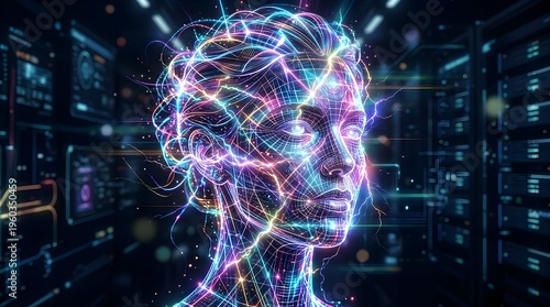 Glowing Wireframe Digital Head With Electrical Sparks In Futuristic Data Environment