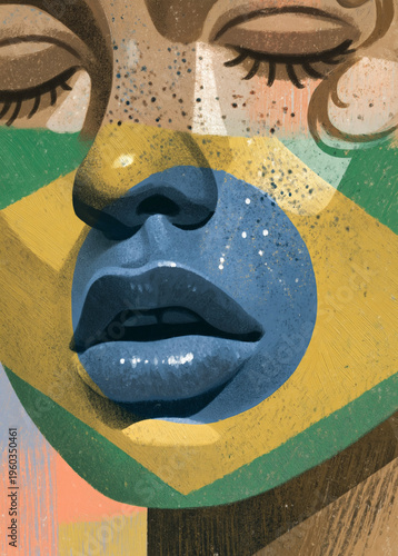 Abstract Brazilian patriotism and cultural essence. Close-up artistic portrait of a woman's face painted with the flag of Brazil. Grainy retro illustration for national celebration editorial.