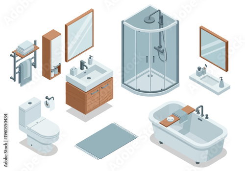Modern isometric bathroom interior design elements with toilet, shower, and bathtub