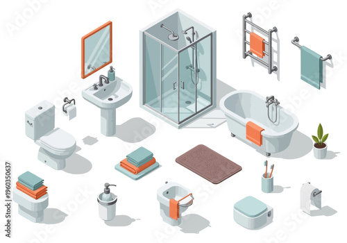 Isometric bathroom furniture and accessories, depicting a modern washroom setup with fixtures and decor