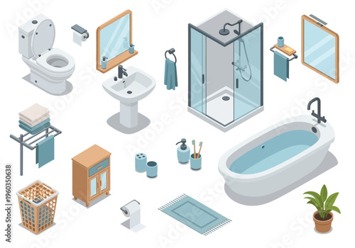 Isometric bathroom elements and accessories, including a bathtub, shower, toilet, sink, and plant