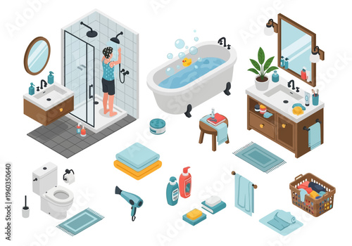 Isometric collection of bathroom furniture and accessories for a modern home design