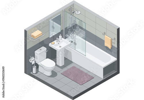 A 3D isometric illustration of a modern bathroom interior with a bathtub, toilet, sink, and shower