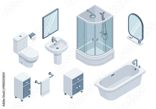 Isometric bathroom furniture and fixtures including a toilet, sink, shower, and bathtub, displayed on a white background