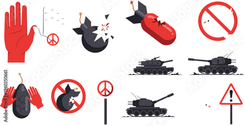 Stop War and Anti Violence Icon Set Featuring Bombs Tanks Peace Symbols Warning Signs and Protest Hands Vector Illustration Collection