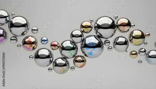 Metallic Spheres Floating in a Wavy Pattern with Colorful Reflections on a Light Gray Background