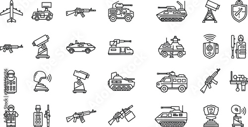 Military Defense Line Icon Set Featuring Tank Missile Launcher Radar Drone Soldier Weapon and Army Equipment Symbols for Security and Warfare Vector Design