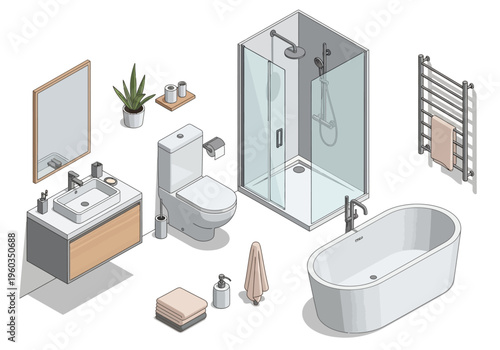 Isometric 3D render of a modern bathroom interior design with bathtub, shower, toilet, sink, and accessories