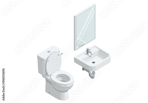 Bathroom fixtures a toilet, sink, and mirror rendered in a modern isometric illustration style