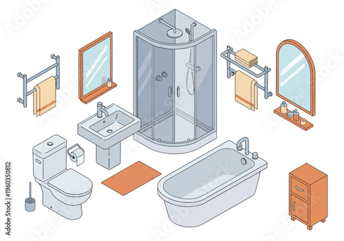 Collection of bathroom furniture and sanitary ware in an isometric view