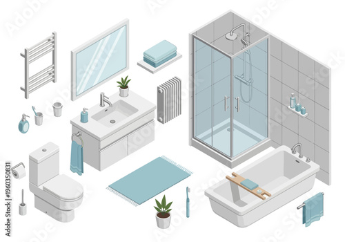 Isometric bathroom interior design elements with toilet, sink, shower, and bathtub