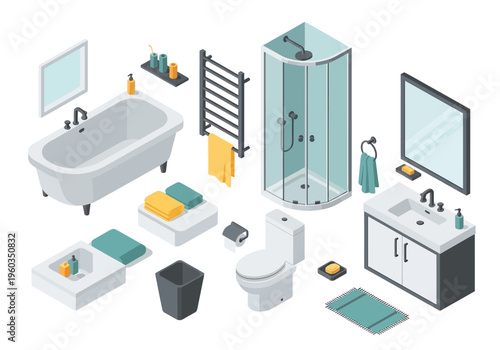Isometric Bathroom Equipment Set - Bathtub, Shower, Sink, Toilet, and Accessories