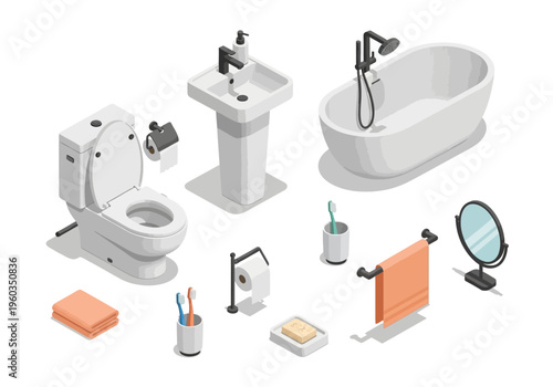 Isometric bathroom set toilet, sink, bathtub, mirror, towels, soap, and toothbrush holder