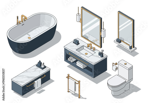 Isometric Bathroom Furniture Set Bathtub, Sink, Toilet, Mirror, Towel Rack, and Storage