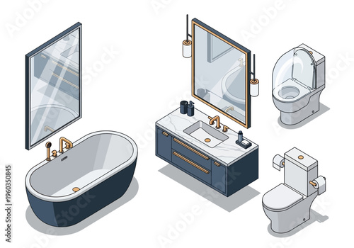 Isometric bathroom furniture and fixtures including bathtub, sink, and toilets