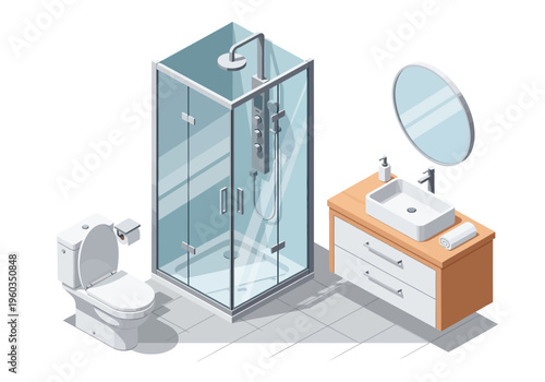 Isometric 3D rendering of a modern bathroom with a shower stall, toilet, and vanity sink area