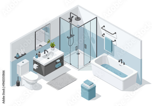 Modern Isometric Bathroom Interior Design with Toilet, Bathtub, Shower, and Vanity