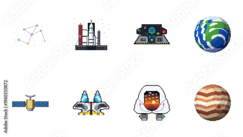 Universal space elements set: Rocket, Cosmodrome, Astronaut, Blaster, Comet, Constellation, Dashboard, and Satellite, detailed pixel art vectors for stock platforms.