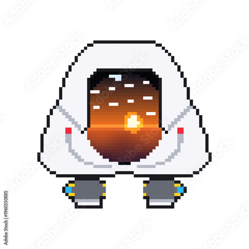 Close-up of a futuristic astronaut helmet for deep space missions in detailed pixel art style, professional vector headgear for space suit characters and astronomical explorer sets.