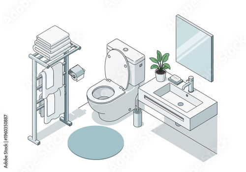 Isometric bathroom interior design illustration with toilet, sink, mirror, and towel rack