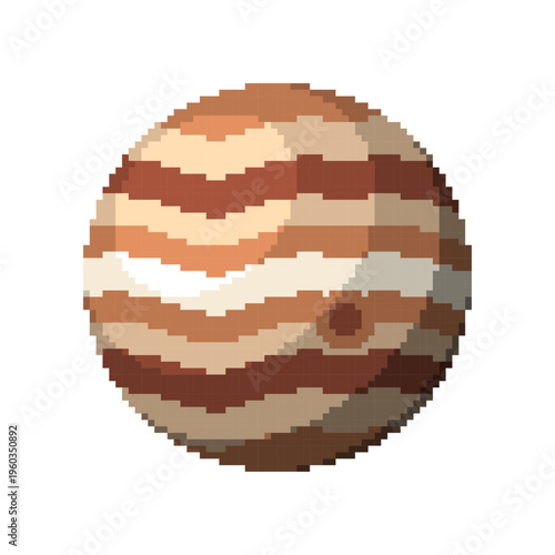 Massive gas giant planet Jupiter with characteristic stripes and red spot in detailed pixel art vector, ideal for astronomical solar system sets and cosmic galaxy exploration themes.