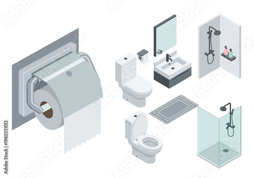 Collection of bathroom fixtures and amenities in isometric view